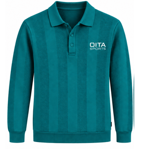 Teal Blue <b>Mens</b> <b>Long</b> <b>Sleeve</b> Knitted <b>Polo</b> <b>Shirt</b> Vertical Textured Stripe Design Ribbed Hem Casual Premium Pullover Fashion Top - Product Image 1