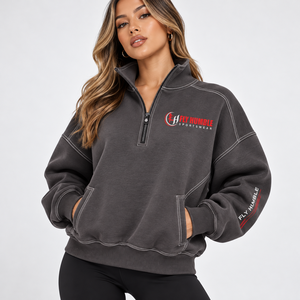 Sudadera negra de media cremallera para mujer Fly Humble con cuello alto, forro polar, hombros caídos y logo bordado - Product Image 2