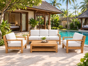 Ensemble de canapé d'extérieur en teck 3 places avec fauteuils, table basse, coussins blancs, mobilier de jardin, style tropical, résistant aux intempéries - Product Image 2