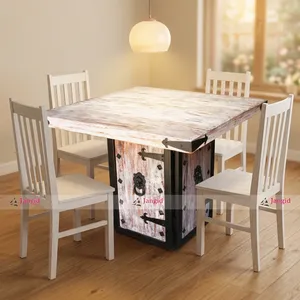 Mesa de comedor cuadrada plegable de madera recuperada vintage para 4 personas con detalles metálicos hechos a mano para restaurante, hotel, hogar. - Product Image 6