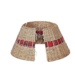 Rustic Woven Seagrass Christmas Tree Collar with <b>Red</b> Plaid <b>Ribbon</b> Tree Base Cover - Product Image 1