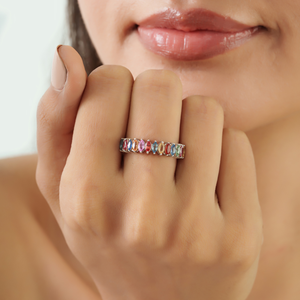 แหวนเงินแท้ 925 ประดับพลอยแซฟไฟร์หลากสีทรงมาร์คีส์ ดีไซน์แบบ Eternity Band ราคาขายส่ง - Product Image 4