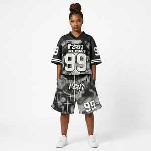 Conjunto de Top Corto de Manga Corta con Cuello Redondo y Estampado por Transferencia Térmica para Mujer, con Pantalones Cortos con Cordón, Tallas Grandes, Estilo Casual de Verano, Personalizable - Product Image 1