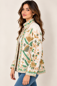 Chaqueta Bomber de Algodón Hecha a Mano de Primera Calidad, Bordado Floral a Mano, Obra Maestra para Mujer, Manga Larga, Bolsillos Laterales, Invierno - Product Image 2