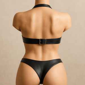 Ensemble bikini en cuir noir fait main pour femmes - Lingerie deux pièces à boucles pour festivals, tenues de club, séances photo, cadeau pour elle - Product Image 2