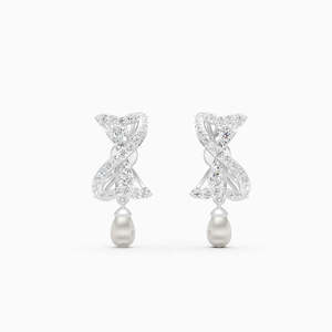 Boucles d'oreilles clous en or rose plaqué or 14 carats avec diamants et nœud en perle d'eau douce, design tendance, bijoux de luxe pour femmes, pour mariage - Product Image 3