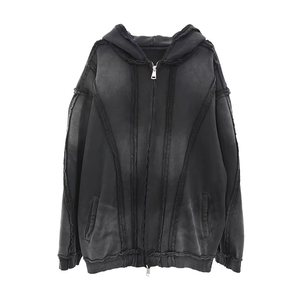 Sweat à capuche zippé pour homme, effet vieilli, délavé, patchwork déstructuré, en molleton bouclette épais, OEM - Product Image 1