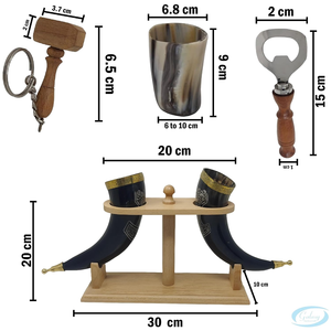 Ensemble de 2 mugs en corne avec support en bois, faits à la main, en corne naturelle, pour bière, vin, shots, mugs de style viking avec ouvre-bouteille - Product Image 3