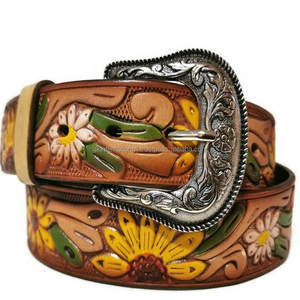 Personalized Sunflower Design Embossed Western Leather <b>Tooling</b> Belt for Unisex with Floral <b>Engraved</b> Designer Brass Buckle - Product Image 6