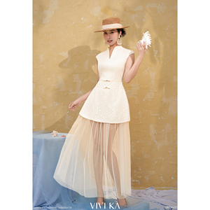 Vestido Maxi de Mujer con Peplum de Encaje Texturizado y Mangas Casquillo, Estampado Floral Natural, Transpirable, con Malla Superpuesta, Corte A, para Fiesta de Verano - Product Image 4