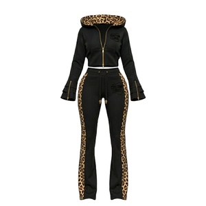 Women's <b>Red</b> Leopard Trim Tracksuit Set Custom Logo Hooded <b>Crop</b> <b>Top</b> Full Length Pants Casual Autumn Wear - Product Image 4