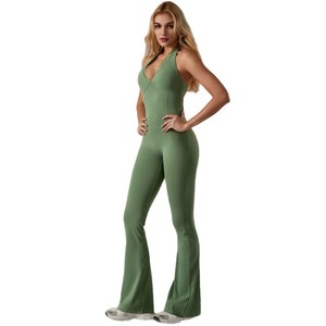 Combinaison de yoga sans couture pour femme, col en V profond, dos nu, jambes évasées, longueur intégrale, couleur unie, spandex, polyester, ensemble 1 pièce - Product Image 3