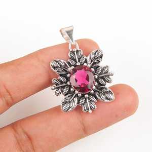 Élégant pendentif fleur multi-rouge rubis en argent sterling 925 plaqué or, cadeau de fiançailles ou pierre de naissance d'octobre - Product Image 2