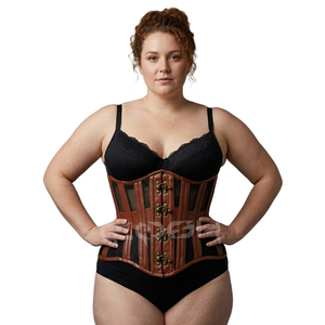 Corsé de cuero marrón para mujeres con curvas, con detalles de malla negra. |   Faja Reductora de Cintura Estilo Gótico Steampunk - Product Image 1