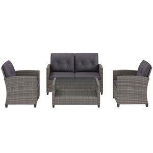 Set di mobili da giardino in vimini di rattan PE a 4 pezzi color carbone con tavolino a due livelli e cuscini - Product Image 1