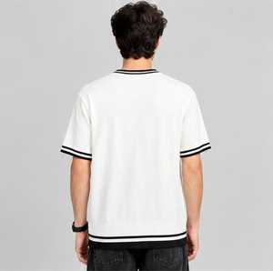 Men's <b>White</b> Short Sleeve T-Shirt Regular Fit O-Neck Contrast Trim Casual Cotton Jersey <b>Top</b> Solid Color Knitted Fabric - Product Image 3