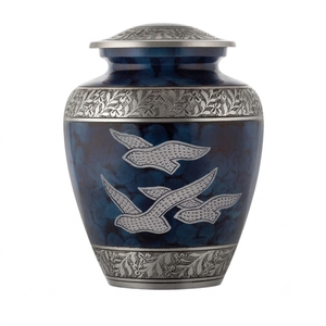 Urne funéraire en aluminium pour cendres humaines, grande, gravée à la main avec des oiseaux en vol, urne funéraire en métal bleu, récipient de crémation pour adultes, vente en gros - Product Image 1