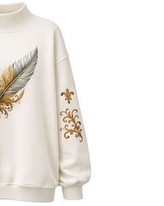 Sudadera Oversize Blanca Personalizada para Mujer, Cuello Alto, Estampado de Plumas, Informal, de Invierno, de Algodón y Poliéster, Cálida - Product Image 3