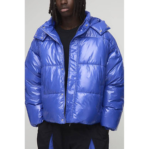 Custom Winter Logo Fashion Boxy Canvas Stand Collar Puffer <b>Windbreaker</b> with Shiny <b>Black</b> - Product Image 1