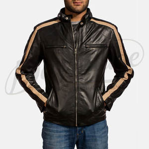 Veste en cuir véritable noire pour homme avec bandes de course beiges, veste de motard élégante, coupe ajustée, manteau d'hiver sportif en cuir véritable - Product Image 5