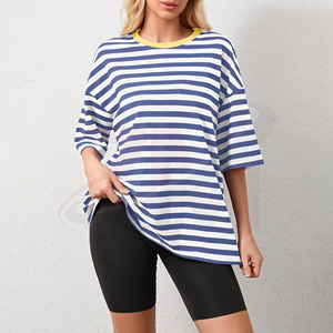 Camiseta de Mujer a Rayas Azules y Blancas, Cuello Redondo, Holgada, Manga Corta, Tejida, Transpirable, Informal, para Primavera/Verano - Product Image 4