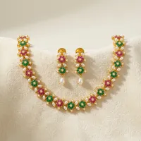 Set Kalung Mutiara Zirkon Berlapis Emas Pengantin India Pola Bunga Etnik Grosir Perhiasan Pernikahan Mewah Paduan Logam Anting Wanita