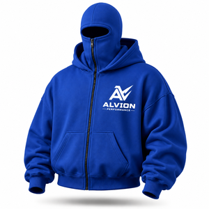 Premium Oversized Blue Balaclava Hoodie for Men Full <b>Zip</b> Heavyweight Cotton Fleece <b>Hooded</b> Sweatshirt Custom Logo Streetwear OEM - Product Image 1