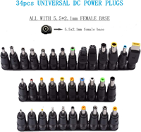 Connecteurs universels DC, Kit de 34 pièces pour chargeur d'ordinateur portable, embouts d'alimentation DC, prise femelle 5.5x2.1mm à prise mâle 5.5x2.1mm