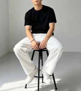 Men's <b>White</b> Cotton Casual Pants Wide Leg Straight Fit Mid Waist Drawstring Closure Lightweight Oxford Fabric Summer Wear - Product Image 3