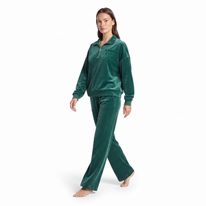 Ensemble de survêtement deux pièces en velours pour femme, sweat-shirt à col zippé, épaules tombantes, manches longues à revers, pantalon de jogging à jambes larges - Product Image 6