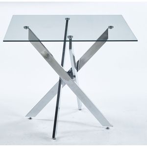 Moderno tavolo da pranzo quadrato 90x90x75cm con gambe in metallo incrociato e vetro temperato salvaspazio cucina e soggiorno gambe cromate - Product Image 2