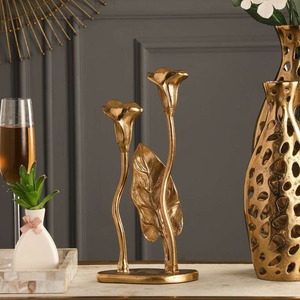 Porte-bougie double Jules en aluminium doré, support décoratif pour deux bougies, design floral élégant, centre de table de luxe - Product Image 4