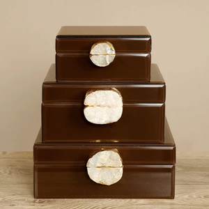 Chocolate <b>Brown</b> Glass Jewelry Storage Box Set with Natural Stone Accent Glossy Finish Soft Lining Decorative Keepsake Organizer - Product Image 3