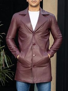 Veste en cuir sur mesure pour homme, manteau long noir à col, quatre poches, fermeture éclair, veste en cuir de motard, veste longue pour homme - Product Image 3