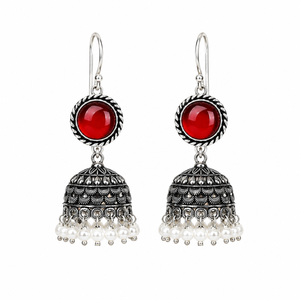 Boucles d'oreilles Jhumka en pierres précieuses |   Boucles d'oreilles pendantes en argent oxydé avec perles |   Bijoux ethniques bohèmes faits à la main pour femmes - Product Image 1