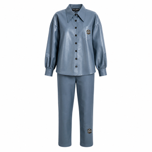 Twill Sports Custom Newest Design 2-Piece Women's Clothes Pu Leather Sporty Full Sleeves Button Front Ladies Pu Tracksuit Sets - Product Image 1