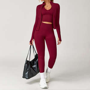 Ensemble de vêtements de sport sans couture pour homme : soutien-gorge de sport, veste zippée, leggings taille haute, shorts, extensible, pour entraînement et yoga, séchage rapide, écologique - Product Image 3