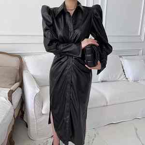 Vestido de Mujer de Piel Sintética con Mangas Abullonadas, Estilo Retro, Cuello Solapa, Cintura Ajustada, Novedad de Primavera, Venta al por Mayor para Boutiques - Product Image 2