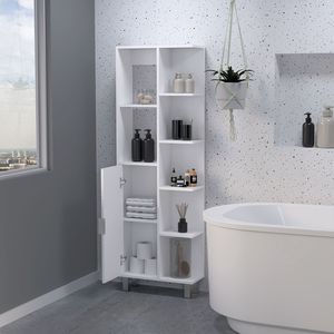 FM FURNITURE Armadio Quimby in Lino con 1 Porta e 9 Ripiani, Mobile da Bagno Bianco - Product Image 6
