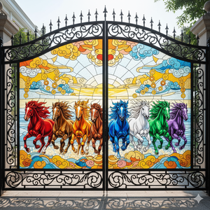 Puerta Batiente de Hierro con Diseño de Caballo en Vidrio Emplomado, Estilo Rústico, Recubrimiento en Polvo, Puerta de Patio Duradera - Product Image 3
