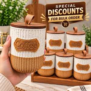 Collection de pots de cuisine rustiques en céramique avec couvercle en bambou et base en rotin tressé, couvercle moderne de luxe, multifonction, 201-300 ml - Product Image 3