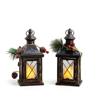 <b>Set</b> Of 2 Decorative Christmas Hanging <b>Lanterns</b> Black Metal Candle Holder With Candle Vintage Tabletop Home Decor Indoor Outdoor - Product Image 1