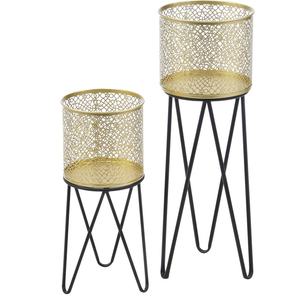Ensemble de pots de fleurs en métal doré avec support à motif de feuilles, pots décoratifs d'intérieur pour la maison, le jardin et le bureau - Product Image 4
