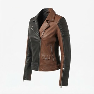 <b>Women's</b> Genuine <b>Leather</b> Motorcycle <b>Jacket</b> Color Blocked Black <b>Brown</b> Full Sleeve Zipper Moto Biker Style Autumn Oute - Product Image 3