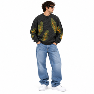 Pull en tricot à motif de feuilles avec jacquard botanique vert olive et jaune moutarde, col rond - Product Image 1