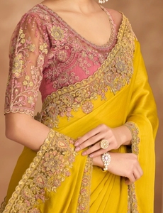 KV Women's Embroidered Designer Bollywood Silk <b>Satin</b> <b>Saree</b> with Reversible Wrinkle-Free Unstitched Blouse (Yellow) - Product Image 5