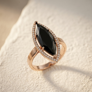 Bague de fiançailles Rizta Jewel en or 14 carats et argent 925, diamant noir naturel 3,5 carats, taille brillant rond de luxe, halo et longue marquise - Product Image 1