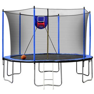 Trampoline bleu de 15 pieds avec panier de basket, gonfleur et échelle, 6 pièces, filet de sécurité supplémentaire, manchons de poteaux - Product Image 1