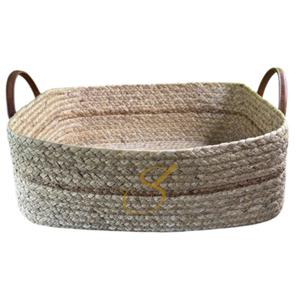<b>Rectangular</b> water hyacinth storage <b>basket</b> featuring a braided design and faux leather handles - Product Image 1