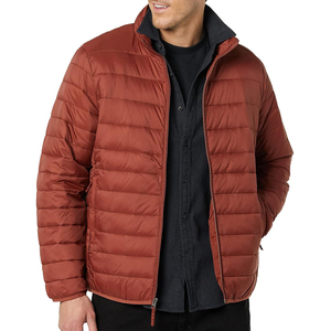 Mens Lightweight Insulated <b>Packable</b> Puffer <b>Jacket</b> with Full Zip Front and Stand Collar in Rust Red for Fall and Winter Weather - Product Image 1